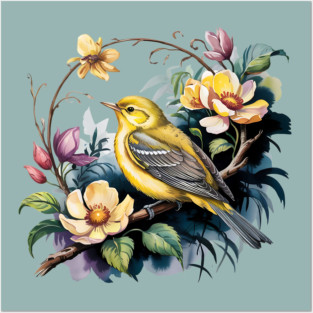 Yellow Warbler Songbird in Botanical Cottagecore Blooms Posters and Art