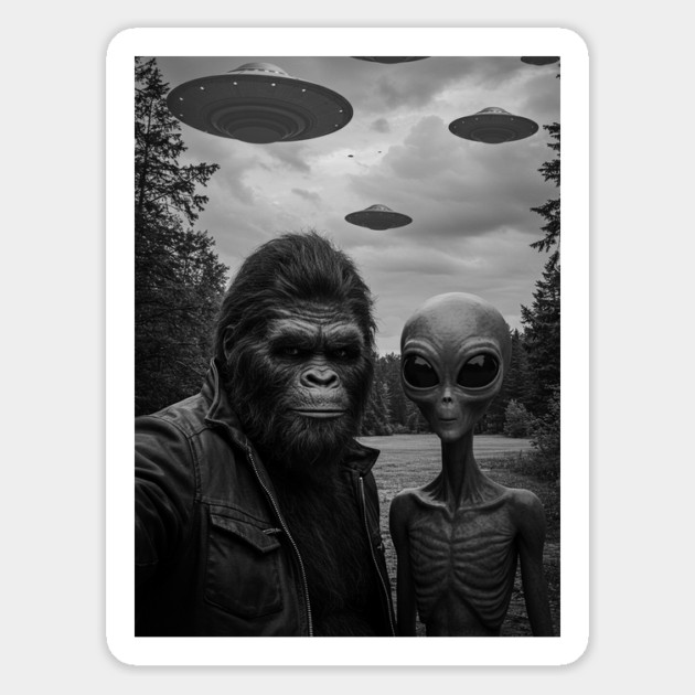 Funny Bigfoot Selfie with Alien and UFOs Magnet by Megadorim