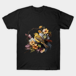 Yellow Warbler Songbird with Garden Blooms T-Shirt