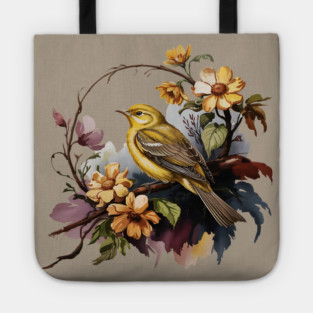 Yellow Warbler Songbird with Garden Blooms Tote