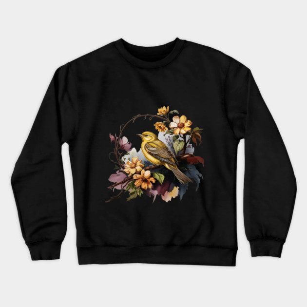 Yellow Warbler Songbird with Garden Blooms Crewneck Sweatshirt by BirdsnStuff
