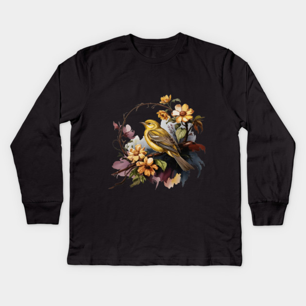 Yellow Warbler Songbird with Garden Blooms Kids Long Sleeve T-Shirt by BirdsnStuff