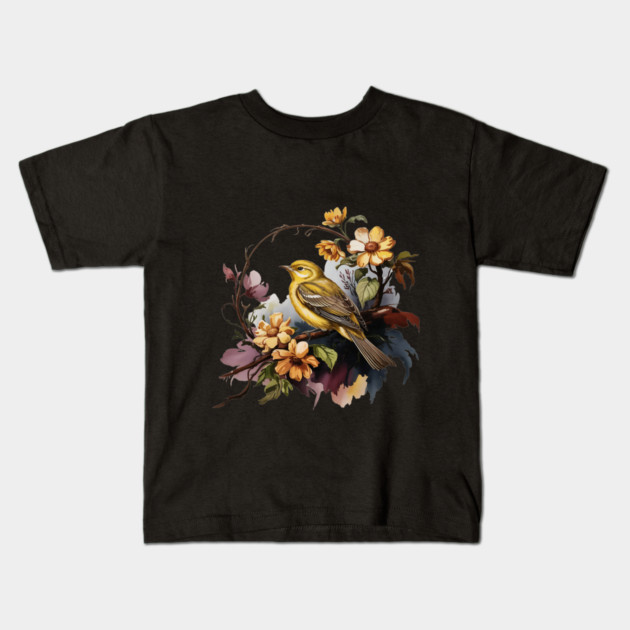 Yellow Warbler Songbird with Garden Blooms Kids T-Shirt by BirdsnStuff