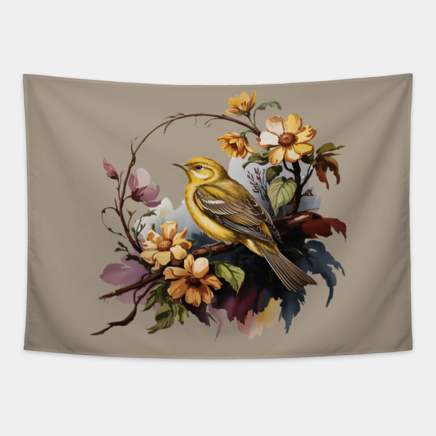 Yellow Warbler Songbird with Garden Blooms Tapestry by BirdsnStuff