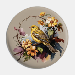 Yellow Warbler Songbird with Garden Blooms Pin