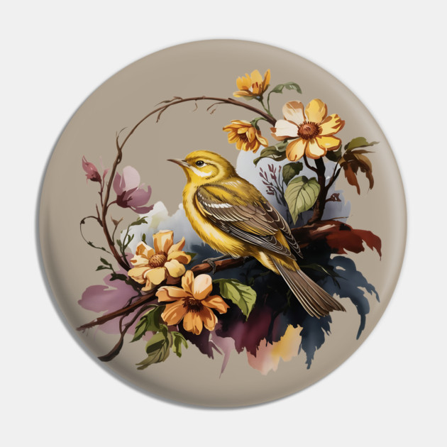 Yellow Warbler Songbird with Garden Blooms Pin by BirdsnStuff