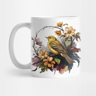 Yellow Warbler Songbird with Garden Blooms Mug