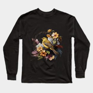 Yellow Warbler Songbird with Garden Blooms Long Sleeve T-Shirt