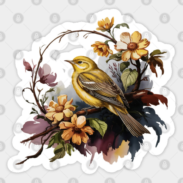 Yellow Warbler Songbird with Garden Blooms Sticker by BirdsnStuff