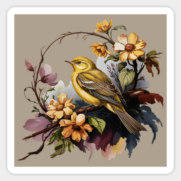 Yellow Warbler Songbird with Garden Blooms Magnet by BirdsnStuff