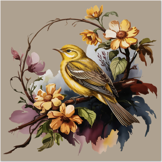 Yellow Warbler Songbird with Garden Blooms Wall Art by BirdsnStuff