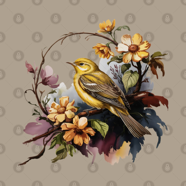 Yellow Warbler Songbird with Garden Blooms by BirdsnStuff