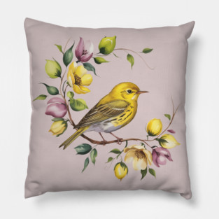 Yellow Warbler in a Pastel Blossom Wreath Pillow