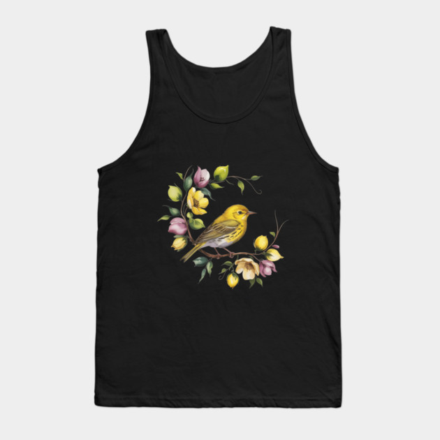 Yellow Warbler in a Pastel Blossom Wreath Tank Top by BirdsnStuff