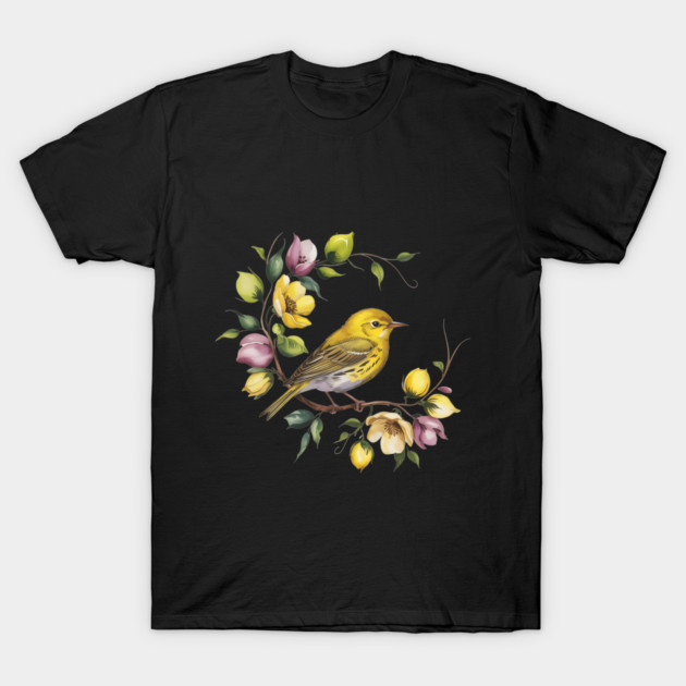 Yellow Warbler in a Pastel Blossom Wreath T-Shirt by BirdsnStuff