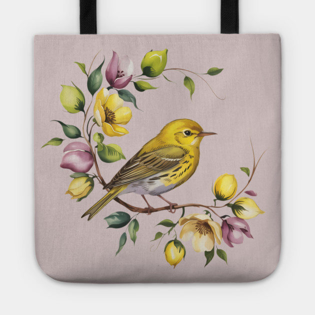 Yellow Warbler in a Pastel Blossom Wreath Tote by BirdsnStuff