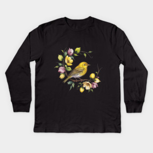 Yellow Warbler in a Pastel Blossom Wreath Kids Long Sleeve T-Shirt
