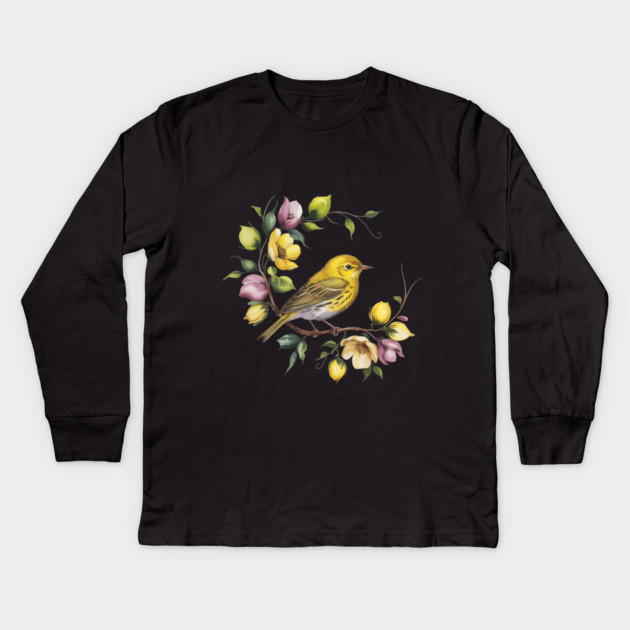 Yellow Warbler in a Pastel Blossom Wreath Kids Long Sleeve T-Shirt by BirdsnStuff
