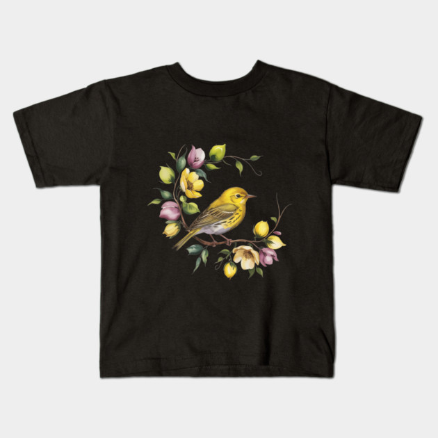Yellow Warbler in a Pastel Blossom Wreath Kids T-Shirt by BirdsnStuff