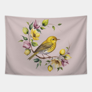 Yellow Warbler in a Pastel Blossom Wreath Tapestry