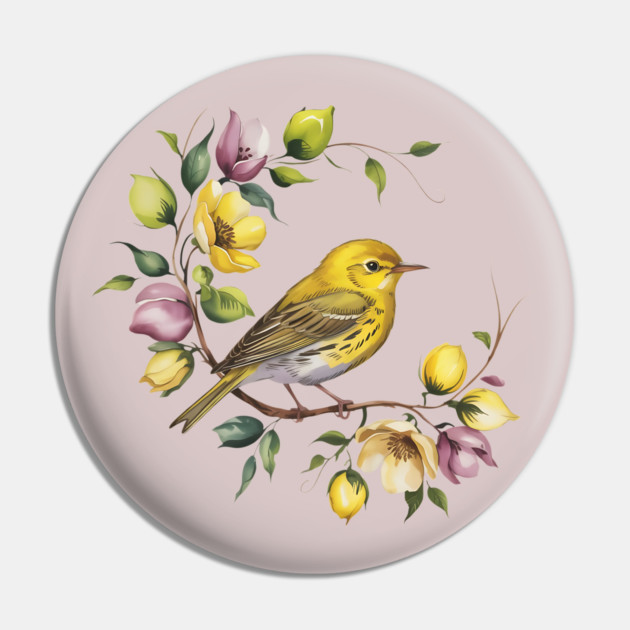 Yellow Warbler in a Pastel Blossom Wreath Pin by BirdsnStuff