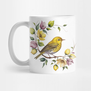 Yellow Warbler in a Pastel Blossom Wreath Mug