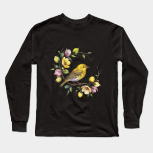 Yellow Warbler in a Pastel Blossom Wreath Long Sleeve T-Shirt