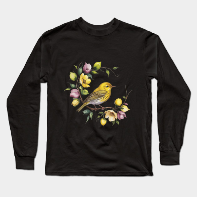 Yellow Warbler in a Pastel Blossom Wreath Long Sleeve T-Shirt by BirdsnStuff