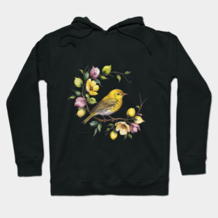 Yellow Warbler in a Pastel Blossom Wreath Hoodie