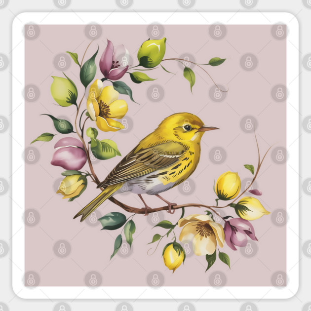 Yellow Warbler in a Pastel Blossom Wreath Sticker by BirdsnStuff