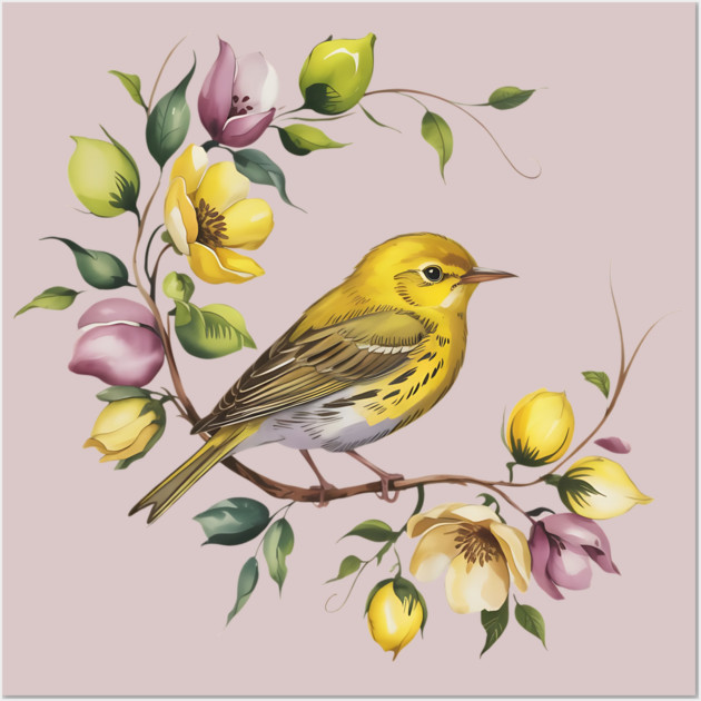 Yellow Warbler in a Pastel Blossom Wreath Wall Art by BirdsnStuff