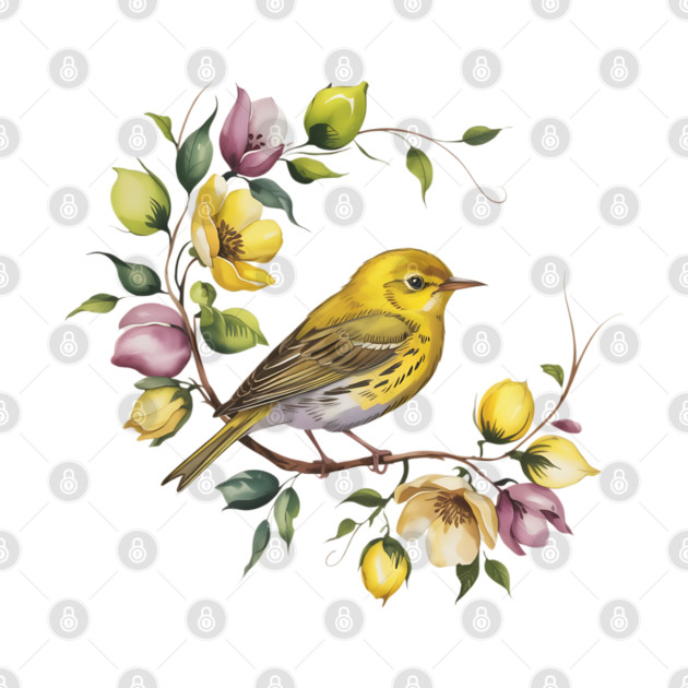 Yellow Warbler in a Pastel Blossom Wreath by BirdsnStuff