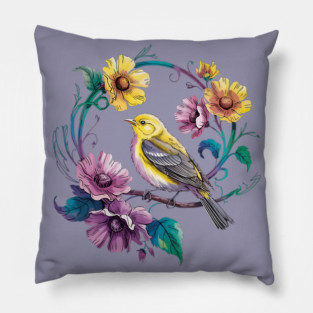 Bright Yellow Warbler Bird in a Vivid Floral Wreath Pillow