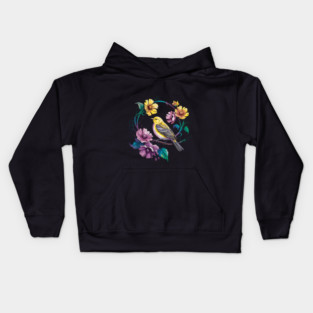 Bright Yellow Warbler Bird in a Vivid Floral Wreath Kids Hoodie