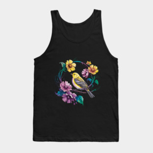 Bright Yellow Warbler Bird in a Vivid Floral Wreath Tank Top
