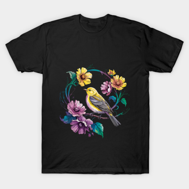 Bright Yellow Warbler Bird in a Vivid Floral Wreath T-Shirt by BirdsnStuff