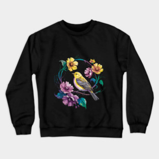 Bright Yellow Warbler Bird in a Vivid Floral Wreath Crewneck Sweatshirt