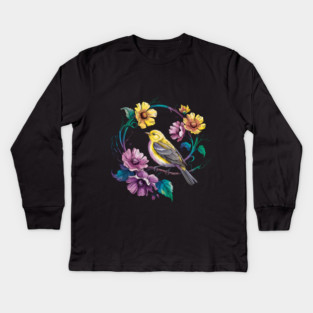 Bright Yellow Warbler Bird in a Vivid Floral Wreath Kids Long Sleeve T-Shirt