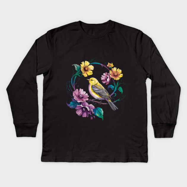 Bright Yellow Warbler Bird in a Vivid Floral Wreath Kids Long Sleeve T-Shirt by BirdsnStuff