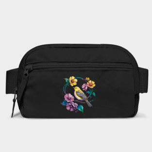 Bright Yellow Warbler Bird in a Vivid Floral Wreath Bag