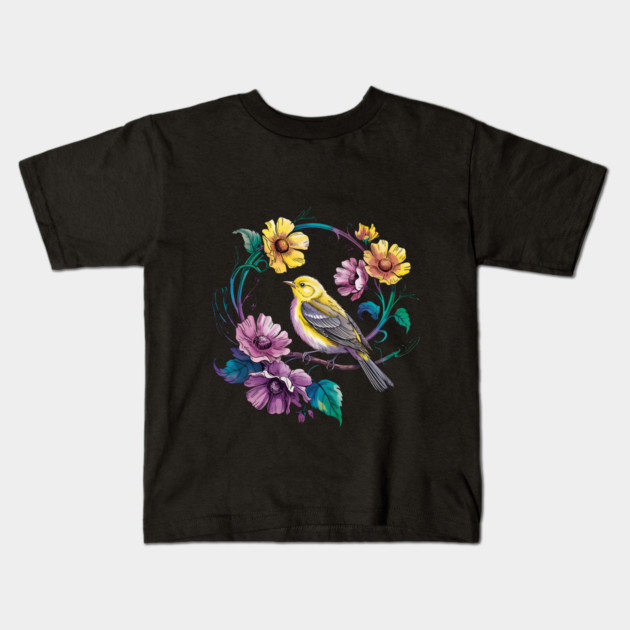 Bright Yellow Warbler Bird in a Vivid Floral Wreath Kids T-Shirt by BirdsnStuff