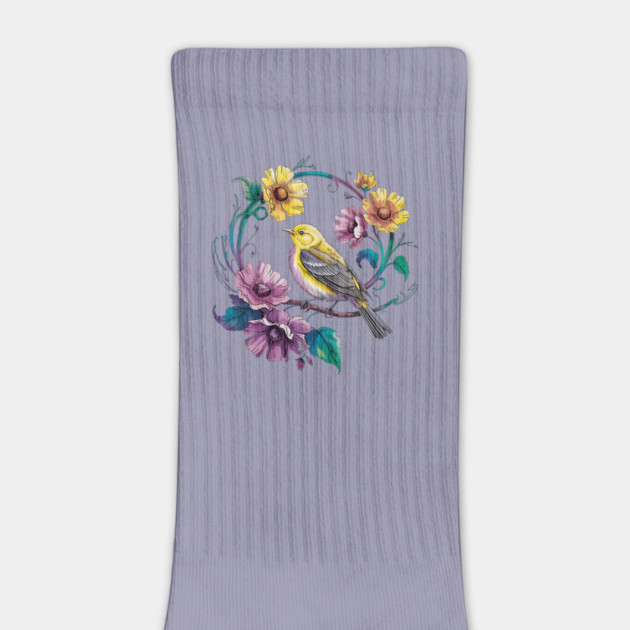 Bright Yellow Warbler Bird in a Vivid Floral Wreath by BirdsnStuff