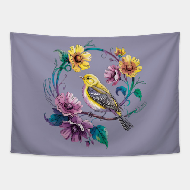 Bright Yellow Warbler Bird in a Vivid Floral Wreath Tapestry by BirdsnStuff