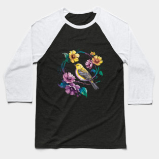 Bright Yellow Warbler Bird in a Vivid Floral Wreath Baseball T-Shirt