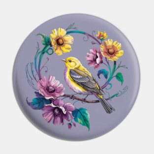 Bright Yellow Warbler Bird in a Vivid Floral Wreath Pin
