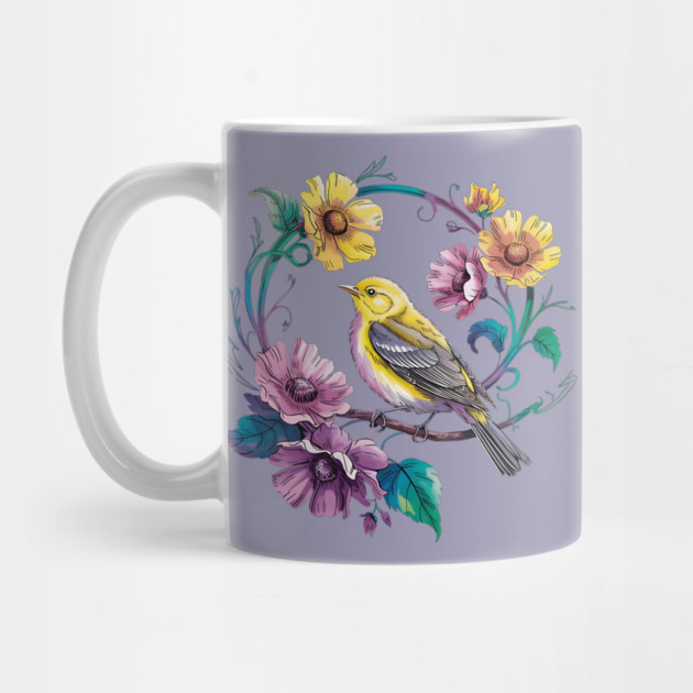 Bright Yellow Warbler Bird in a Vivid Floral Wreath by BirdsnStuff