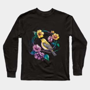 Bright Yellow Warbler Bird in a Vivid Floral Wreath Long Sleeve T-Shirt