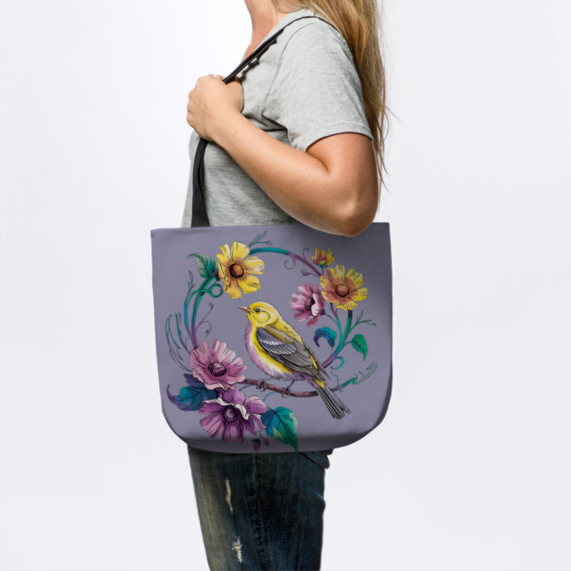 Bright Yellow Warbler Bird in a Vivid Floral Wreath by BirdsnStuff