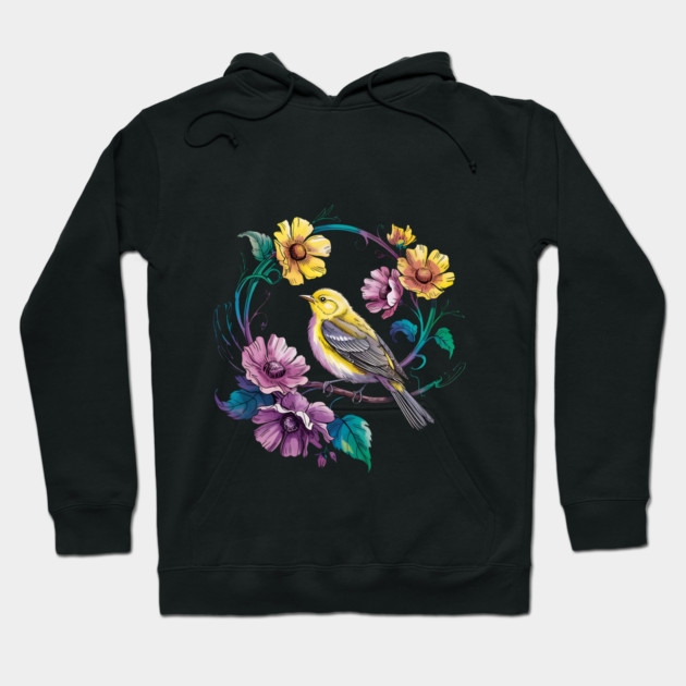 Bright Yellow Warbler Bird in a Vivid Floral Wreath Hoodie by BirdsnStuff