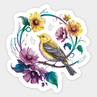 Bright Yellow Warbler Bird in a Vivid Floral Wreath Sticker